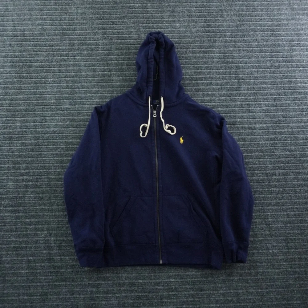Polo Ralph Lauren Full Zip Hoodie Mens Large Navy Blue Yellow Pony Logo